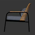 Modern Wicker Back Chair With Light Blue Cushion Wooden Armrests And Black Metal Frame