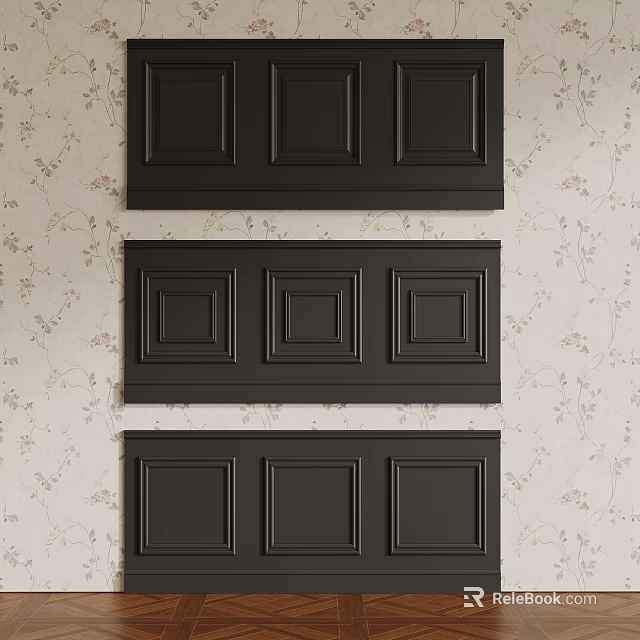 Black Rectangular Decorative Wall Panels Three Panel Set With Floral Wallpaper 3d model