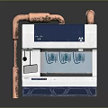 Industrial Equipment Unit With Copper Pipes Blue White Body Control Panel And Radiation Symbol