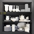 White Dinnerware Set with Pitchers Cups Plates Bowls and Glassware Displayed on Kitchen Shelves