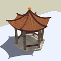 Traditional Chinese Pavilion Structure With Brown Roof Orange Finial And Stone Columns