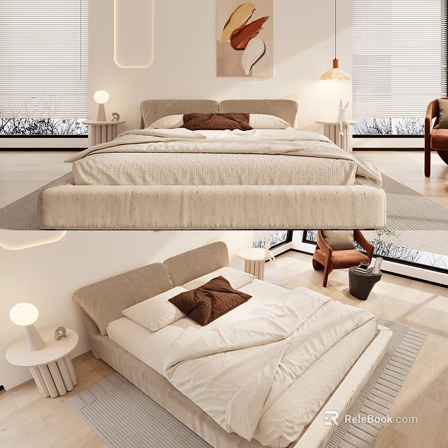 Modern Bedroom Interior With Double Bed Neutral Tones Accent Pillows Bedside Lamps And Armchair 3d model 