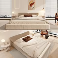 Modern Bedroom Interior With Double Bed Neutral Tones Accent Pillows Bedside Lamps And Armchair