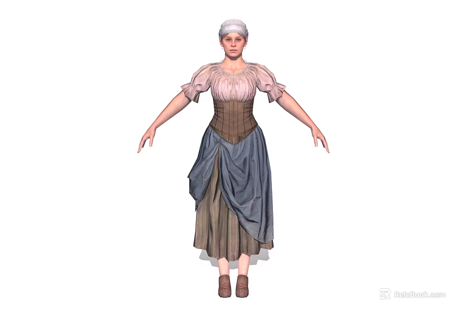 Game Movie Character Wearing White Headscarf Puffed Sleeve Blouse Brown Corset And Long Skirt 3d model 