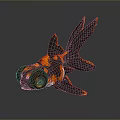 3D Rendering of Red and Black Goldfish With Large Eyes Flowing Tail on Reflective Surface