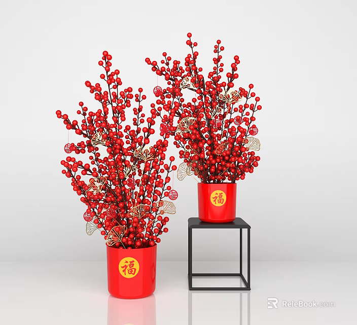 Decorative Ornament Set with Red Vases Golden Fu Characters Red Berry Branches on Black Stand 3d model 