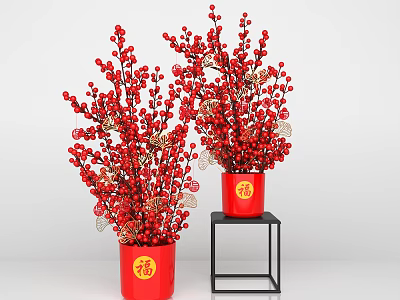 Decorative Ornament Set with Red Vases Golden Fu Characters Red Berry Branches on Black Stand 3d model