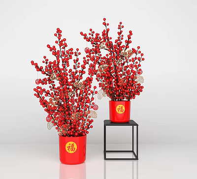 Decorative Ornament Set with Red Vases Golden Fu Characters Red Berry Branches on Black Stand 3d model