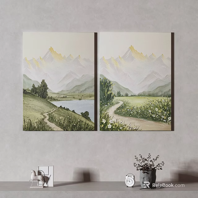 Two Panel Mountain Landscape Paintings With Lake Path Grassland Trees And Flowers 3d model