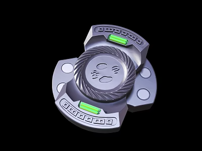 Futuristic Spinning Tech Device With Silver Body Green Indicators Spiral Pattern And Central Symbol 3d model
