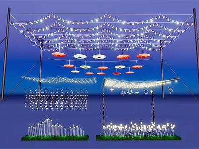 Hanging String Lights and Umbrella Star Shaped Outdoor Decorative Lights with Ground Installed Lawn Designs 3d model