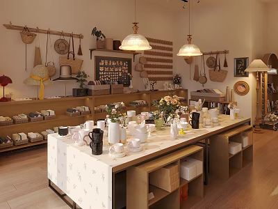 Window Display Decoration Featuring Long Table Mugs Vases Flower Bouquets Wall Baskets And Pendant Lights 3d model