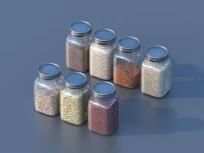 Set of Glass Spice Jars With Metal Lids Containing Various Colored Seasonings 3d model