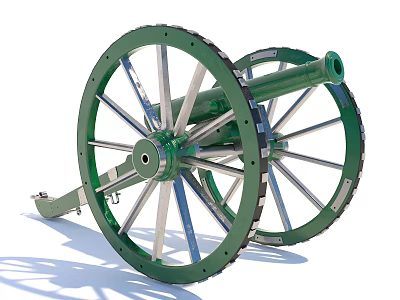 3D Rendered Ancient Cannon With Large Green Wheels And Metal Barrel 3d model