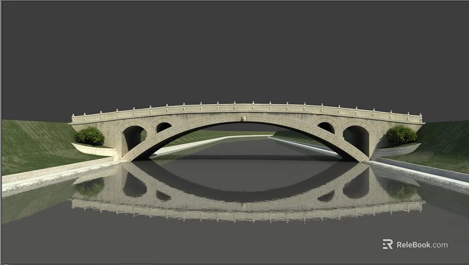 Stone Arch Bridge Over Calm River With Reflection Green Grass And Trees 3d model 