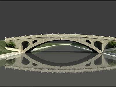 Stone Arch Bridge Over Calm River With Reflection Green Grass And Trees 3d model