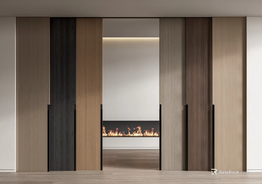 Modern Sliding Doors With Different Wooden Tones And Interior Fireplace Design 3d model 