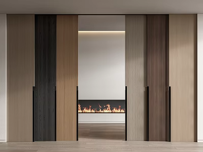 Modern Sliding Doors With Different Wooden Tones And Interior Fireplace Design 3d model