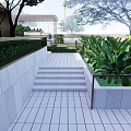 Lush Courtyard Garden With Green Plants Stone Paved Path And Modern Building View