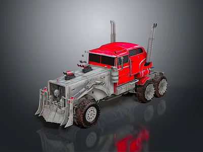 Red and Silver Heavy Duty Utility Truck with Large Off Road Tires and Metal Frame 3d model