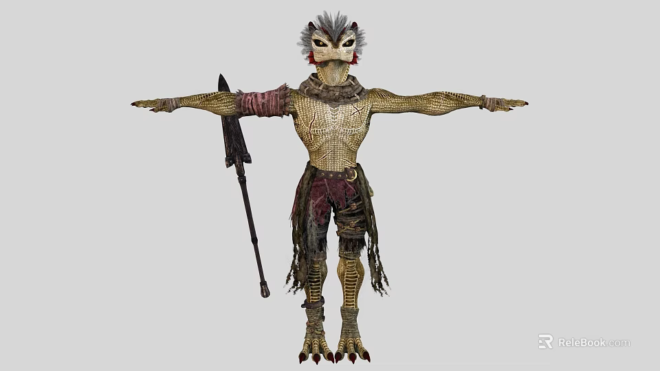 Mythical Game Movie Character With Bird Head Feathered Scaled Body Tattered Clothing And Axe Weapon 3d model 