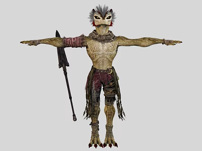 Mythical Game Movie Character With Bird Head Feathered Scaled Body Tattered Clothing And Axe Weapon 3d model