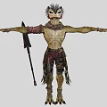 Mythical Game Movie Character With Bird Head Feathered Scaled Body Tattered Clothing And Axe Weapon