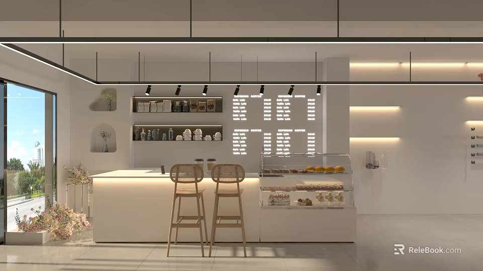 Modern Café Interior Design With Open Counter Wooden Stools Pastry Display And Hanging Lights 3d model 