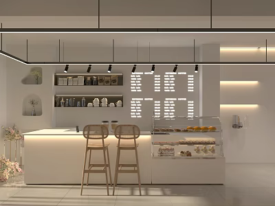 Modern Café Interior Design With Open Counter Wooden Stools Pastry Display And Hanging Lights 3d model