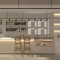 Modern Café Interior Design With Open Counter Wooden Stools Pastry Display And Hanging Lights