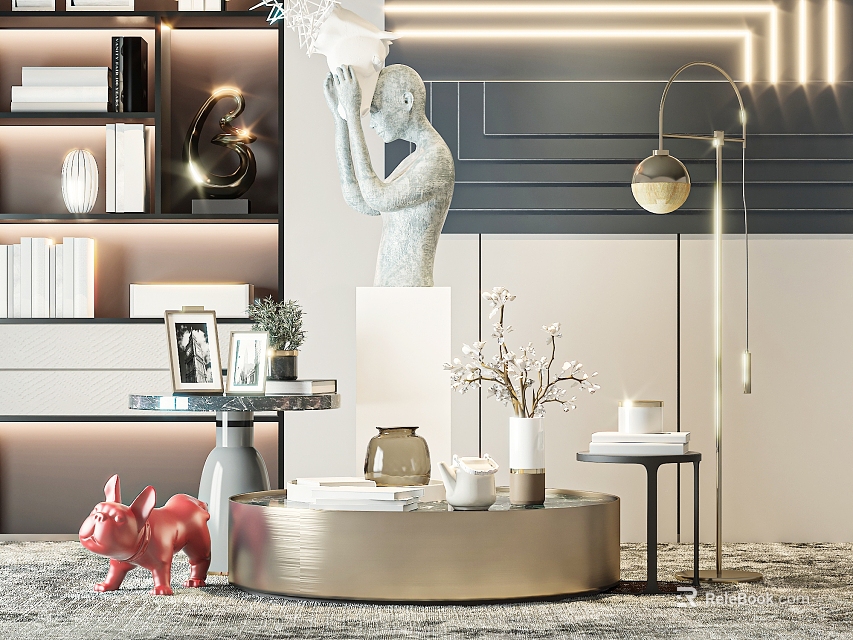 Modern Round Coffee Table in Stylish Living Room with Books Vase Sculpture and Floor Lamp 3d model 