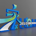 3D WELCOME Letters with Tourism Theme Decorative Flowers and Curved Blue Green Gradient Design