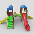 Colorful Playground Equipment with Blue Canopies Red Yellow Slides Green Spiral Ladder and Yellow Stairs