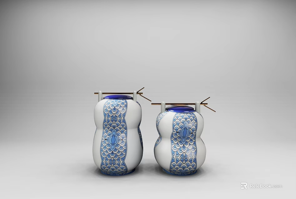 Blue and White Patterned Decorative Ornament Set with Gourd Shaped Vases and Top Decorative Sticks 3d model 