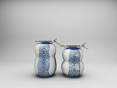 Blue and White Patterned Decorative Ornament Set with Gourd Shaped Vases and Top Decorative Sticks 3d model