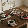 Stylish Tableware Set with Plates Bowls Wine Glasses Chopsticks on Wooden Dining Table
