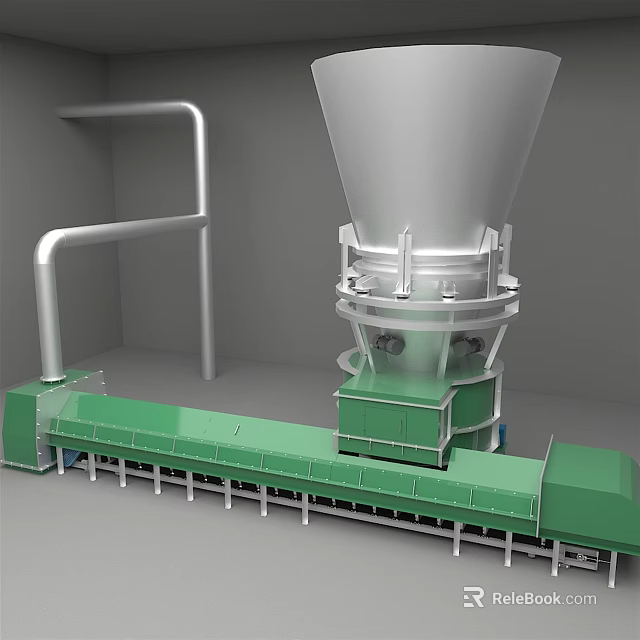 Industrial Equipment With Large Conical Structure And Green Conveyor System Plus Pipes 3d model 