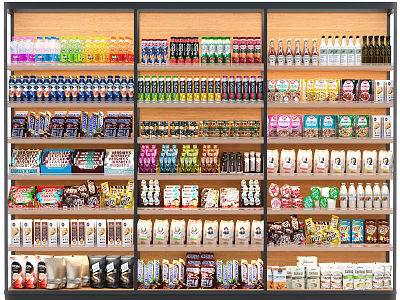 Well Stocked Display Shelves With Bottled Drinks Snacks And Packaged Foods In Retail 3d model