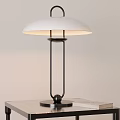 Modern Table Lamp with White Lampshade and Black Metal Stand on Black Table