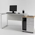 Modern Office Desk With Black Computer Monitor Keyboard Pen Holder And Filing Cabinet With Drawers