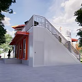 Modern Container Building With Large Glass Windows Balcony And Outdoor Gathering Space