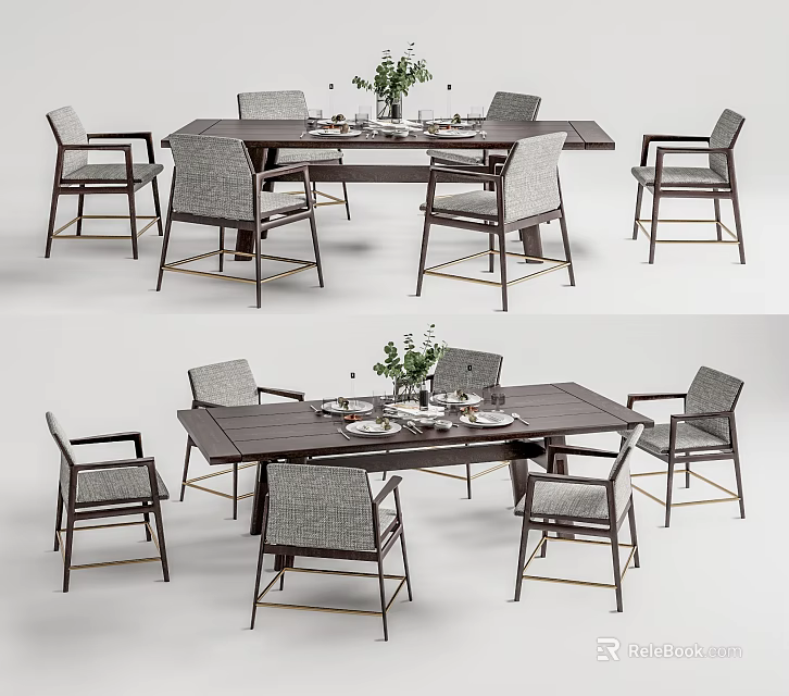 Modern Dining Table Set With Wooden Chairs And Green Plant Vase On Table 3d model 