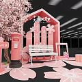Pink Cherry Blossom Photo Check-in Spot With Bench Fence Mailbox And Petal Decor