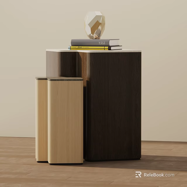 Modern Dark And Light Wood Side Tables With Stacked Books And Decorative Ornament 3d model 