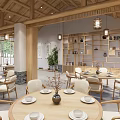 Traditional Wooden Restaurant Interior With Round Tables And Hanging Lanterns