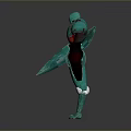 Green And Red Game Movie Character With Metallic Armor And Blade Arms Standing Pose
