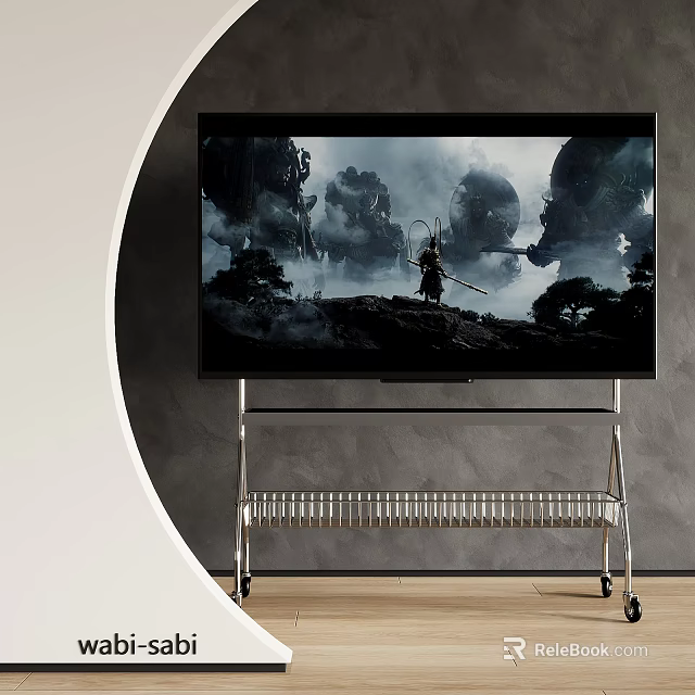 Modern Television On Metal Stand Displaying Fantasy Landscape With Mountains Trees And Figure 3d model 