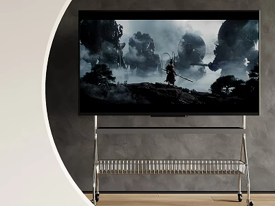 Modern Television On Metal Stand Displaying Fantasy Landscape With Mountains Trees And Figure 3d model
