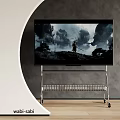 Modern Television On Metal Stand Displaying Fantasy Landscape With Mountains Trees And Figure