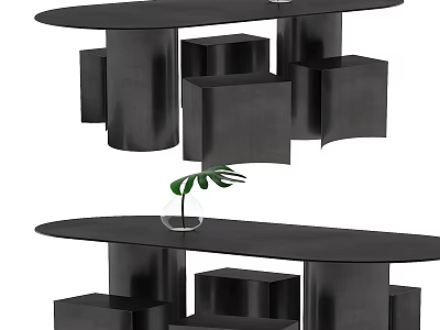 Black Oval Dining Table with Cube Structures Below and Transparent Vase with Green Plant 3d model
